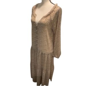 ASTR Women’s Midi Drop Waist Long Sleeve Dress Brown Cream Print Size S-M Pretty